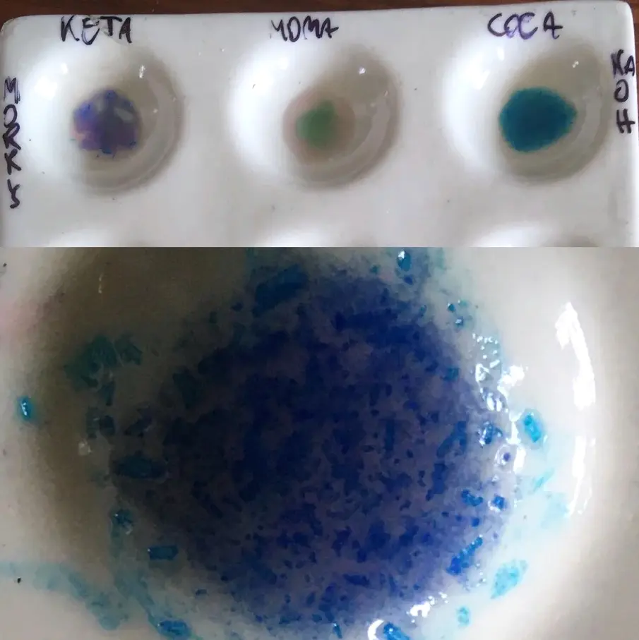 Ketamine, MDMA, Cocaine – Morris reagent test kit results (source:Reddit)