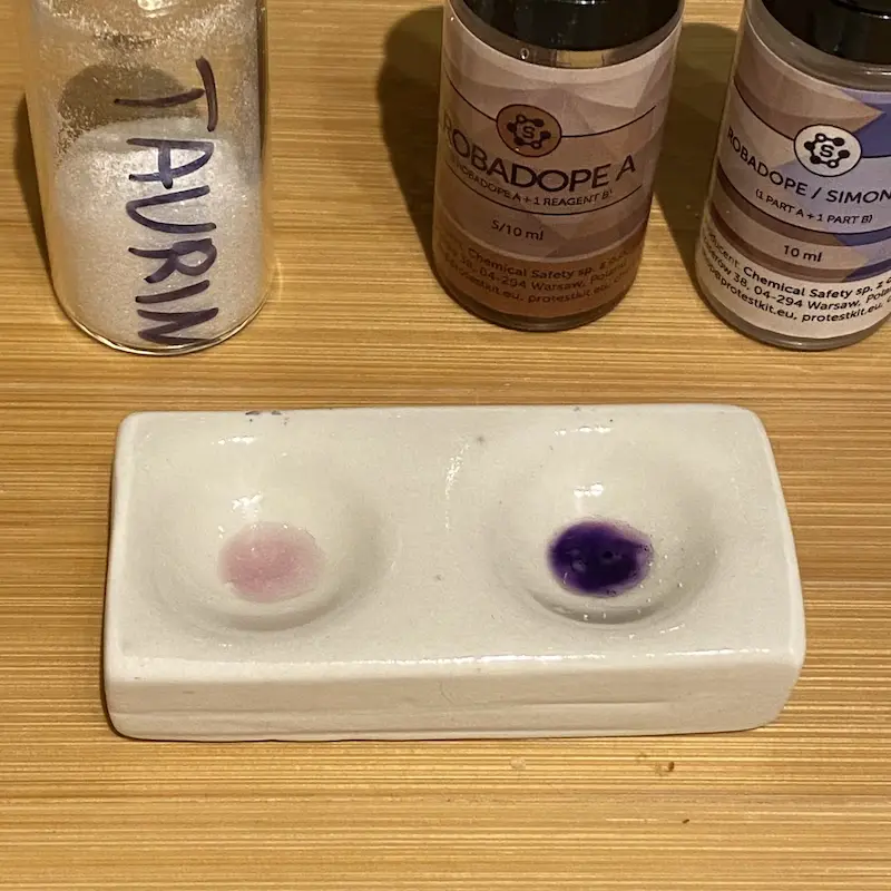 Taurine and 2C-B Robadope reagent test kit results