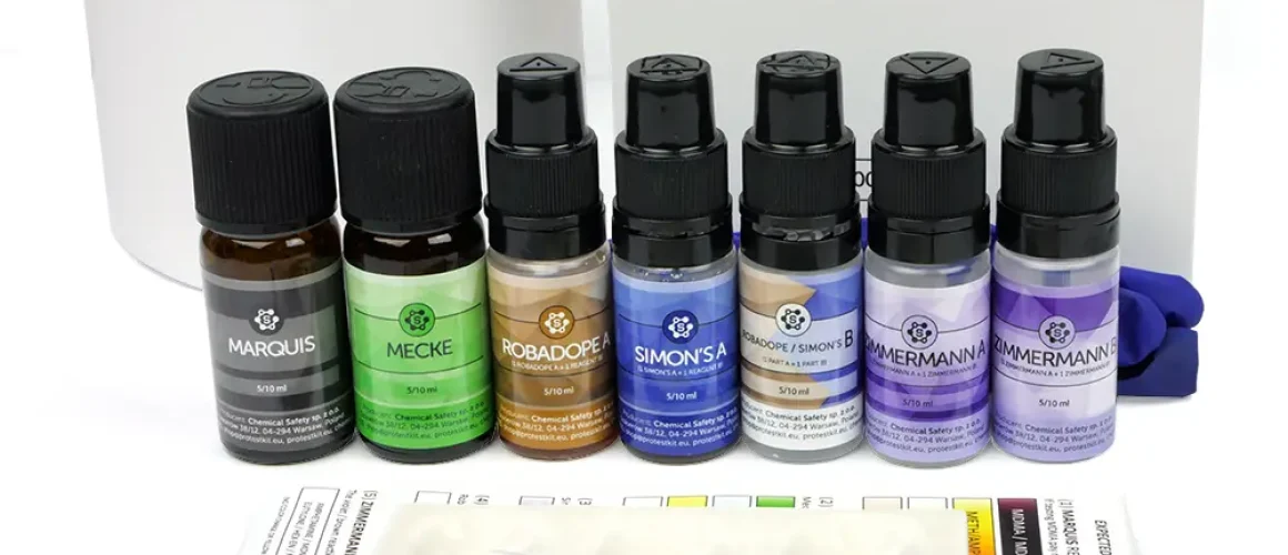 MDMA test kit with Marquis reagent, Mecke, Robadope, Simon's and Zimmermann