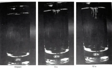 Three shot glasses showing a bleach test trail forming over ten seconds