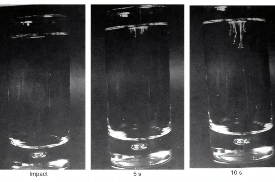 Three shot glasses showing a bleach test trail forming over ten seconds