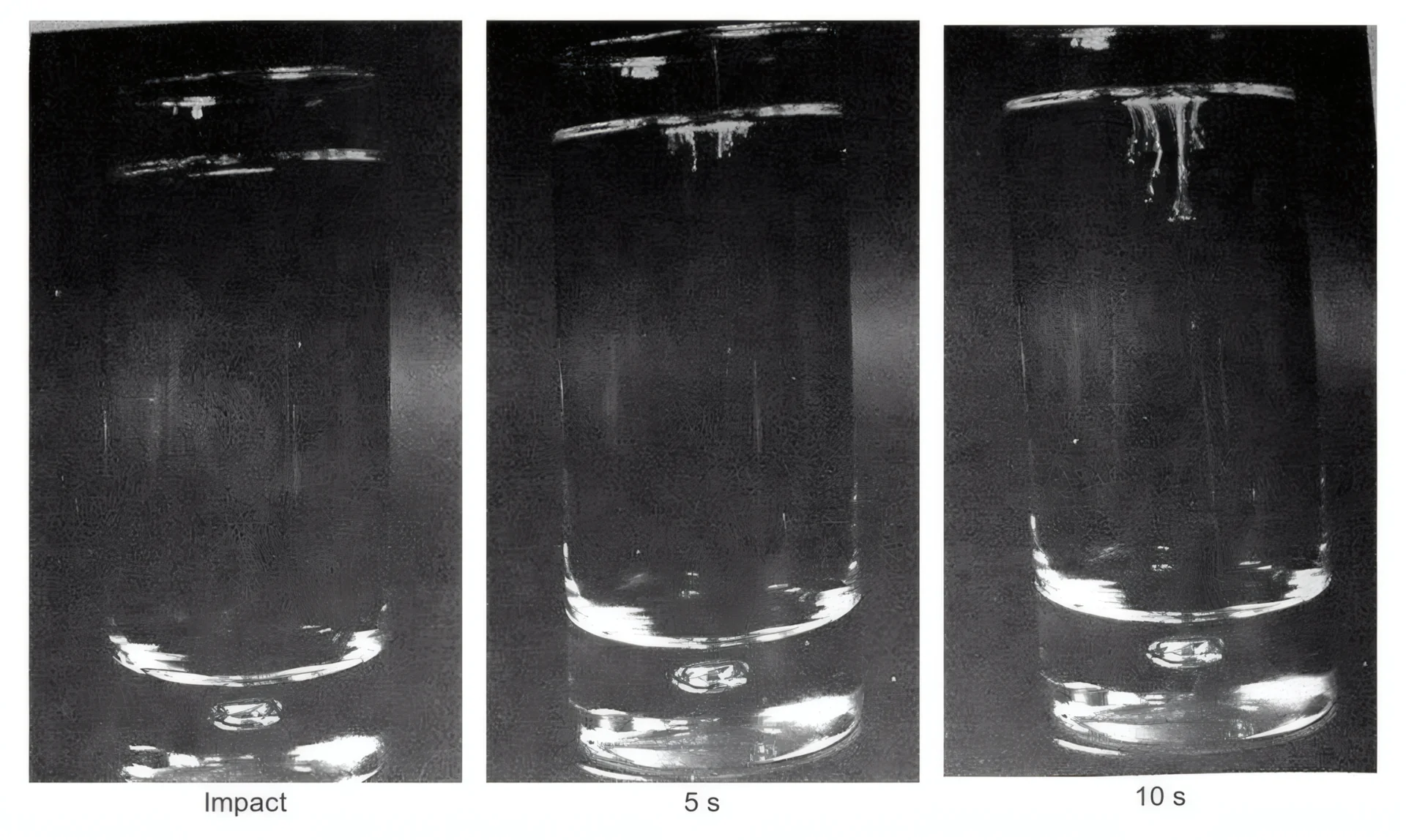 Three shot glasses showing a bleach test trail forming over ten seconds