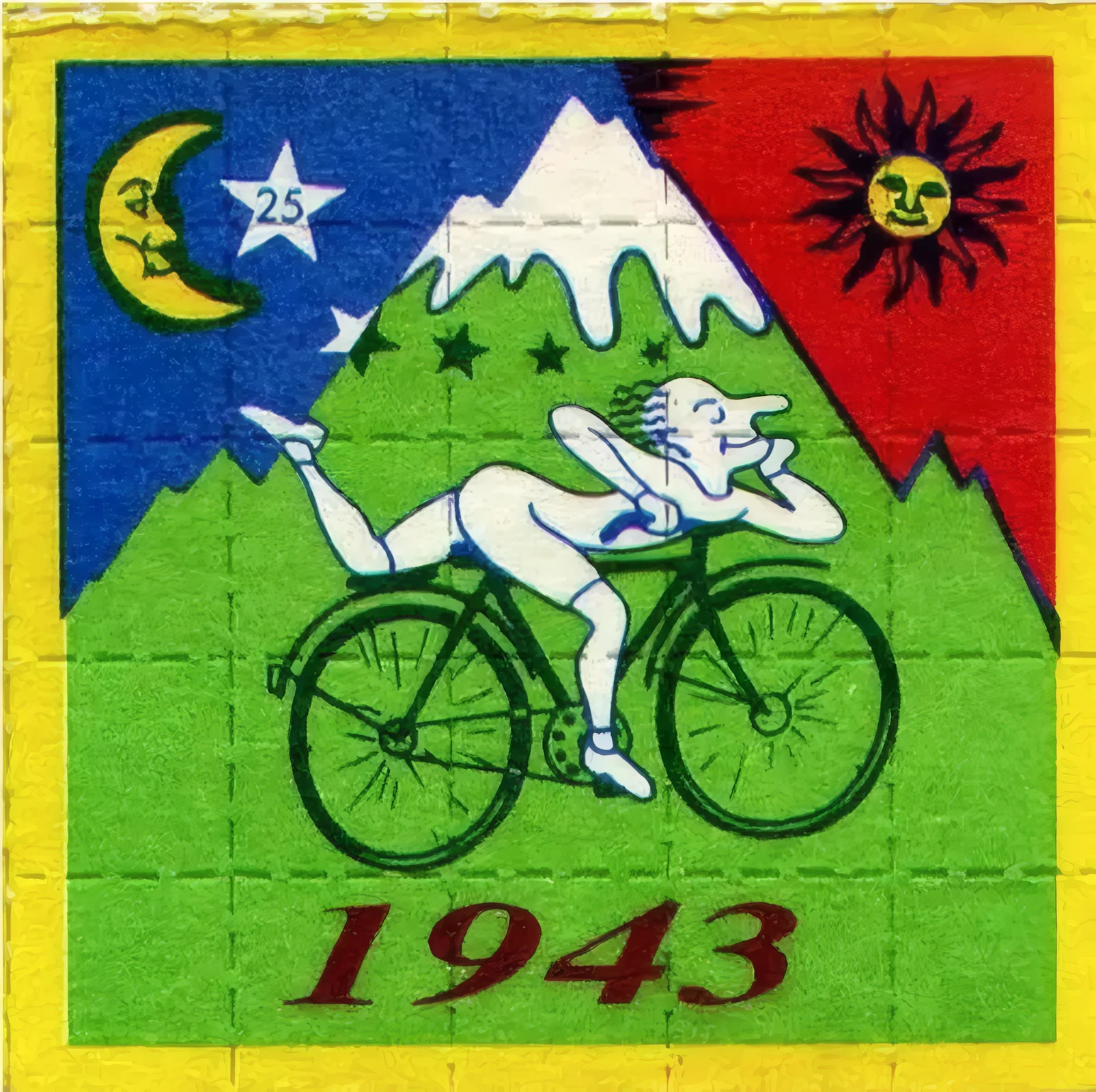 LSD blotter art showing Albert Hofmann's 1943 bicycle ride